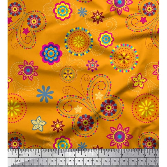 Soimoi Orange Modal Satin Fabric Insect & Floral Clip Art Print Fabric by Yard 42 Inch Wide