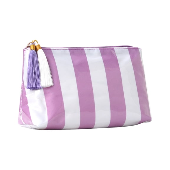 PVC Cosmetic Bag Waterproof Striped Makeup Pouch with Tassel Zipper - Travel Toiletry Organizer for Women, Accessory Storage Case for Daily Use, Brushes and Jewelry