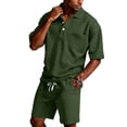 thumbnail image 3 of Havenx Men's Waffle Knit Polo Shirt and Shorts Set Short Sleeve Button Outfits with Pockets Textured Drawstring Tracksuits Set Lounge Athletic Travel Fashion Loose Clothing,Deep Green XL, 3 of 7