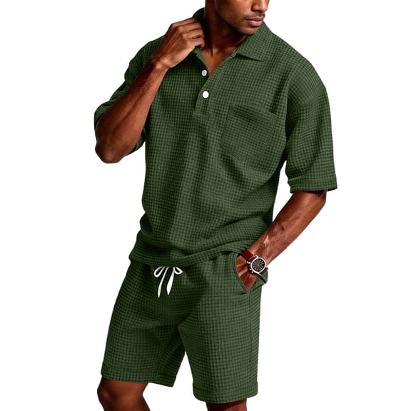 GrmtClth 2 Piece Set for Men Waffle Knit Short Sleeve Polo Shirt Summer Shorts Set Fashion Vacation Outfits Sweatsuits with Pockets Army Green L