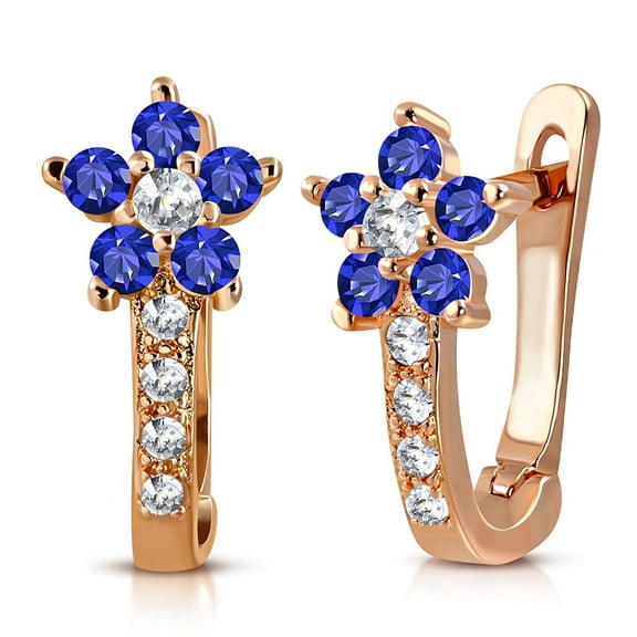 925 Sterling Silver Rose Gold-Tone Blue CZ Small Hoop Huggie Flower Floral Earrings, 0.5"