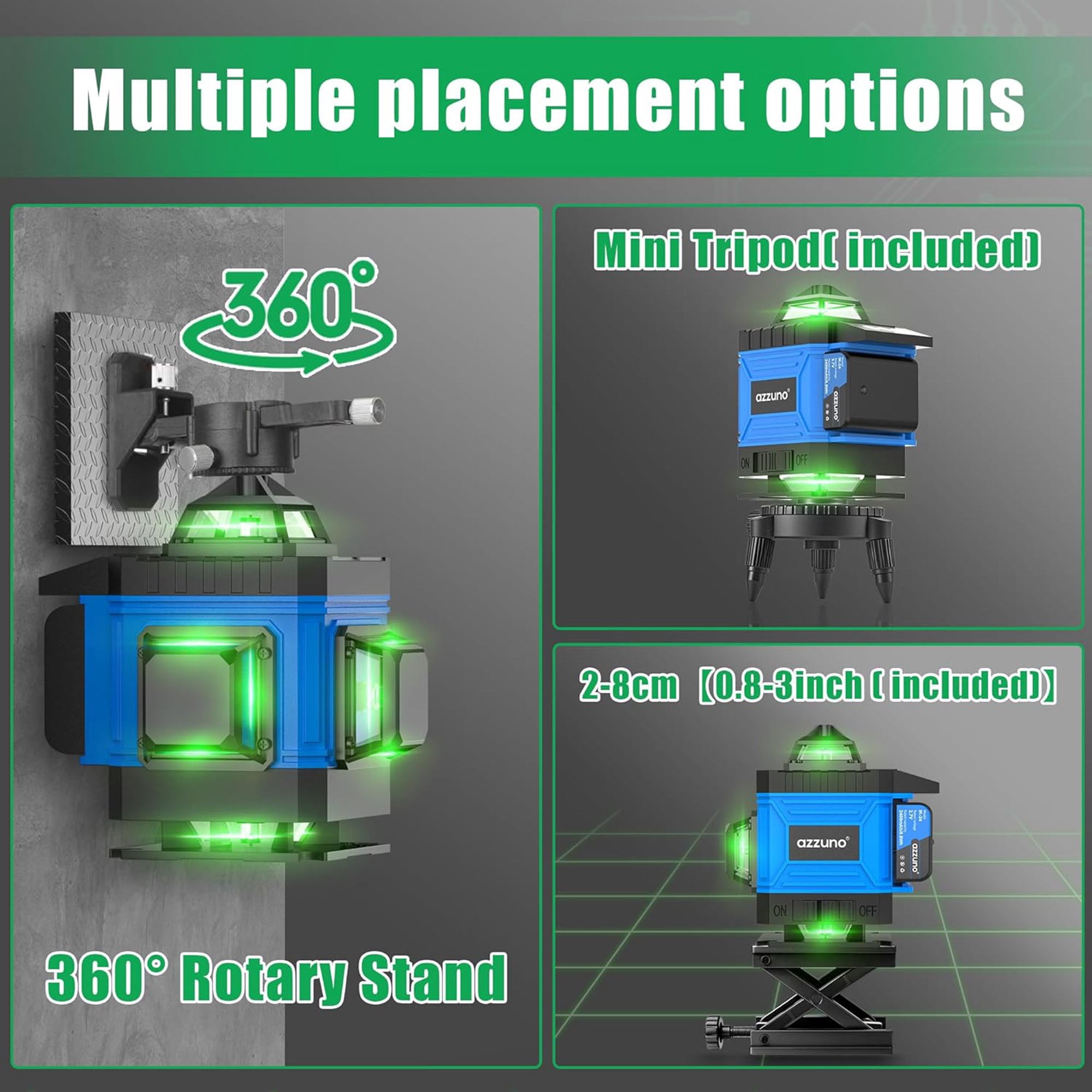 AZZUNO 16 Lines Laser Level 4x360 Degree Laser Level Rechargeable Battery for Construct, Tiling, Tool Gift
