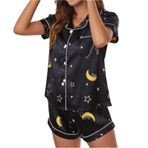 Defitshape Women's Satin Pajama Set 2 Piece Pjs Summer Sleepwear Short Sleeve Shorts Loungewear Lounge Set Silky Soft Spring Button Up Comfy Pajamas Black Small