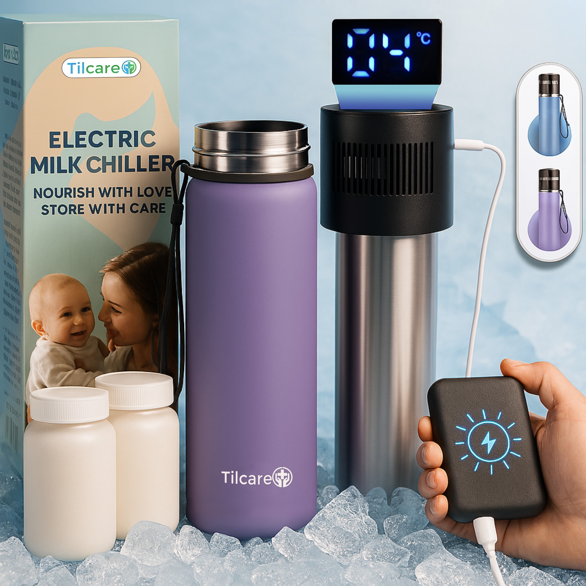 Electric Breastmilk Cooler Bottle: Unlimited Cooling Time, 2 x 150ml/5Oz Breast Milk Storage Bottles, 5V USB C-Powered Breastmilk Storage-Bottle, Portable Breast Milk Cooler-Bottle, Breastmilk-Chille