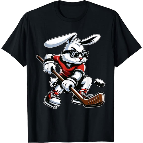 Kids Boys Happy Easter Bunny Playing Hockey Easter Sport T-Shirt, T-Shirt for Kids Youth, 180gsm, 100% Cotton
