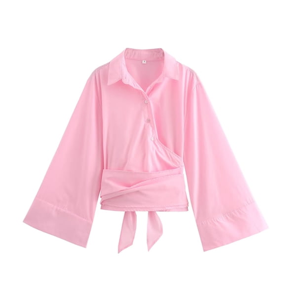 TRAF-blusa Kimono de manga larga para mujer, camisa con pajarita, botón frontal, Tops elegantes, moda