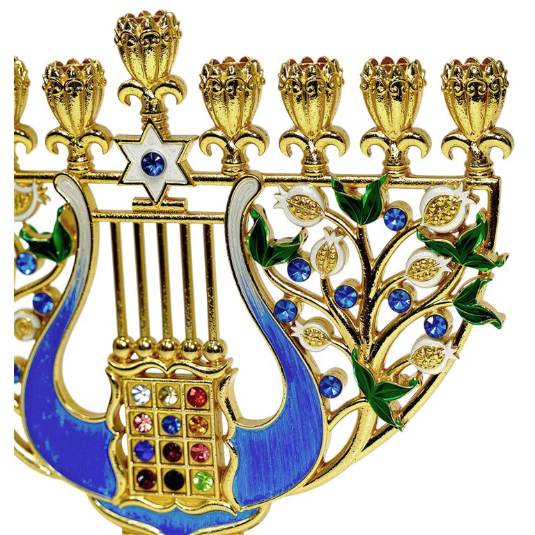 Harp Menorah with Jeweled Accents, Blue and Gold photo 3