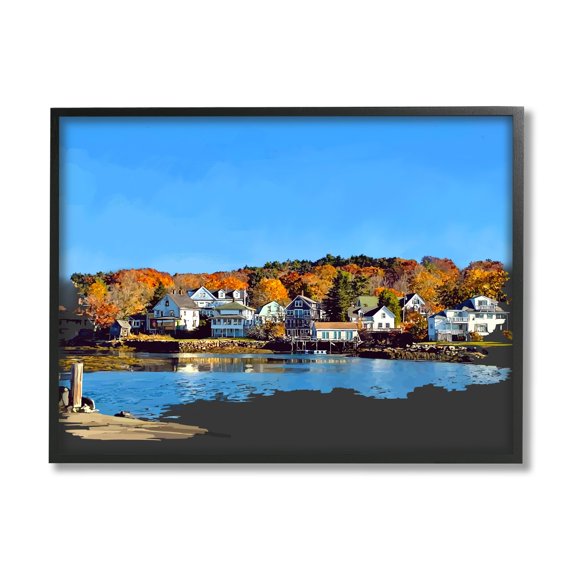Stupell Industries Autumn Lake Dock Foliage Town & City Photography Black Framed Art Print Wall Art