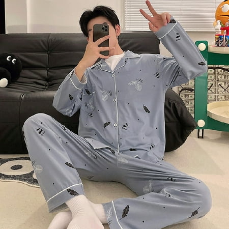 

PIKADINGNIS Men Pajama Set Leisure Loose Pyjamas Cotton Lounge Wear Cardigan Turn-down Collar Print Luxury Home Suits Young Boy Sleepwear