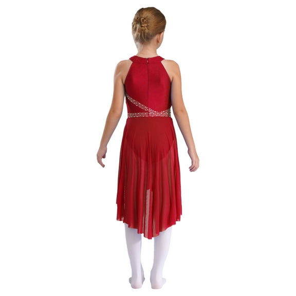 Hansber Kids Girls Shiny Rhinestone Sleeveless Lyrical Ballet Leotard Tulle Skirt Modern Contemporary Burgundy 10