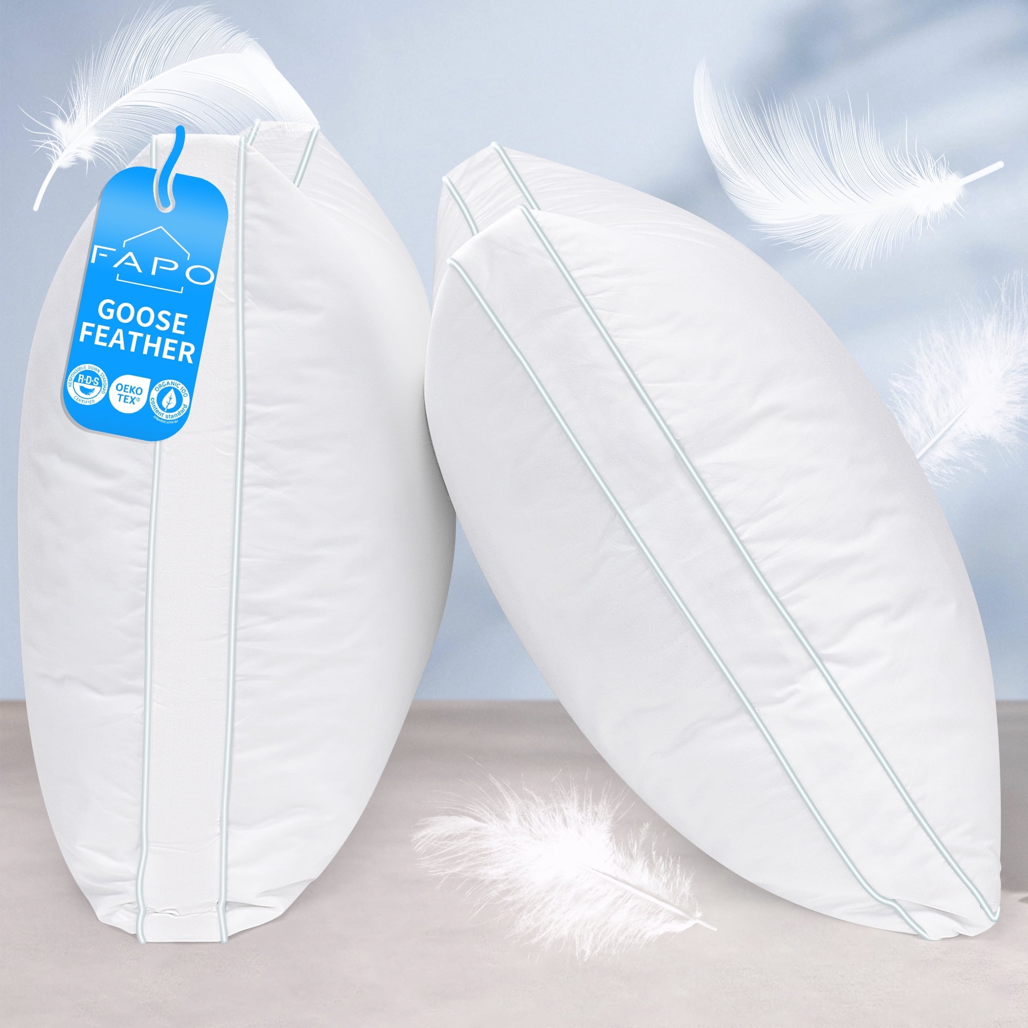 FAPO Goose Feather Down Pillows, Gusseted Bed Pillows Queen Size Set of 2, Luxury Hotel Collection Fluffy Pillows 100% Cotton Cover