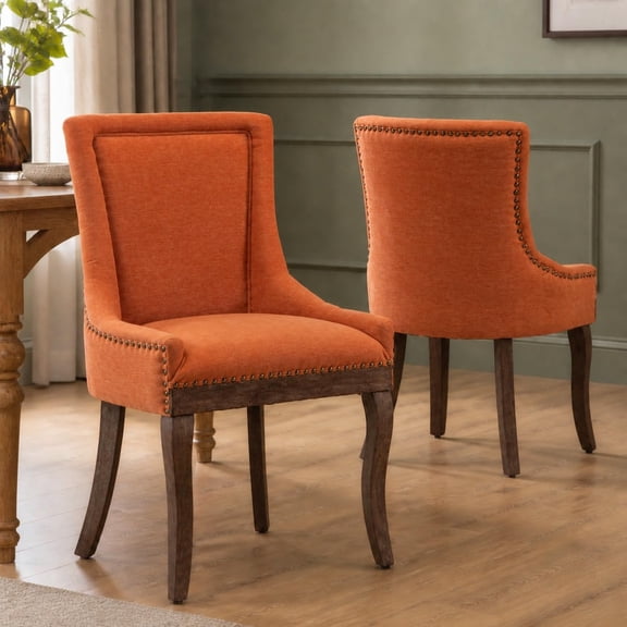 Orange Thickened Fabric Dining Chairs Set of 2, Kitchen & Dining Room Chairs Set of 2, Upholstered Dining Chairs, Solid Wood Frame (Orange, 2 Pcs)