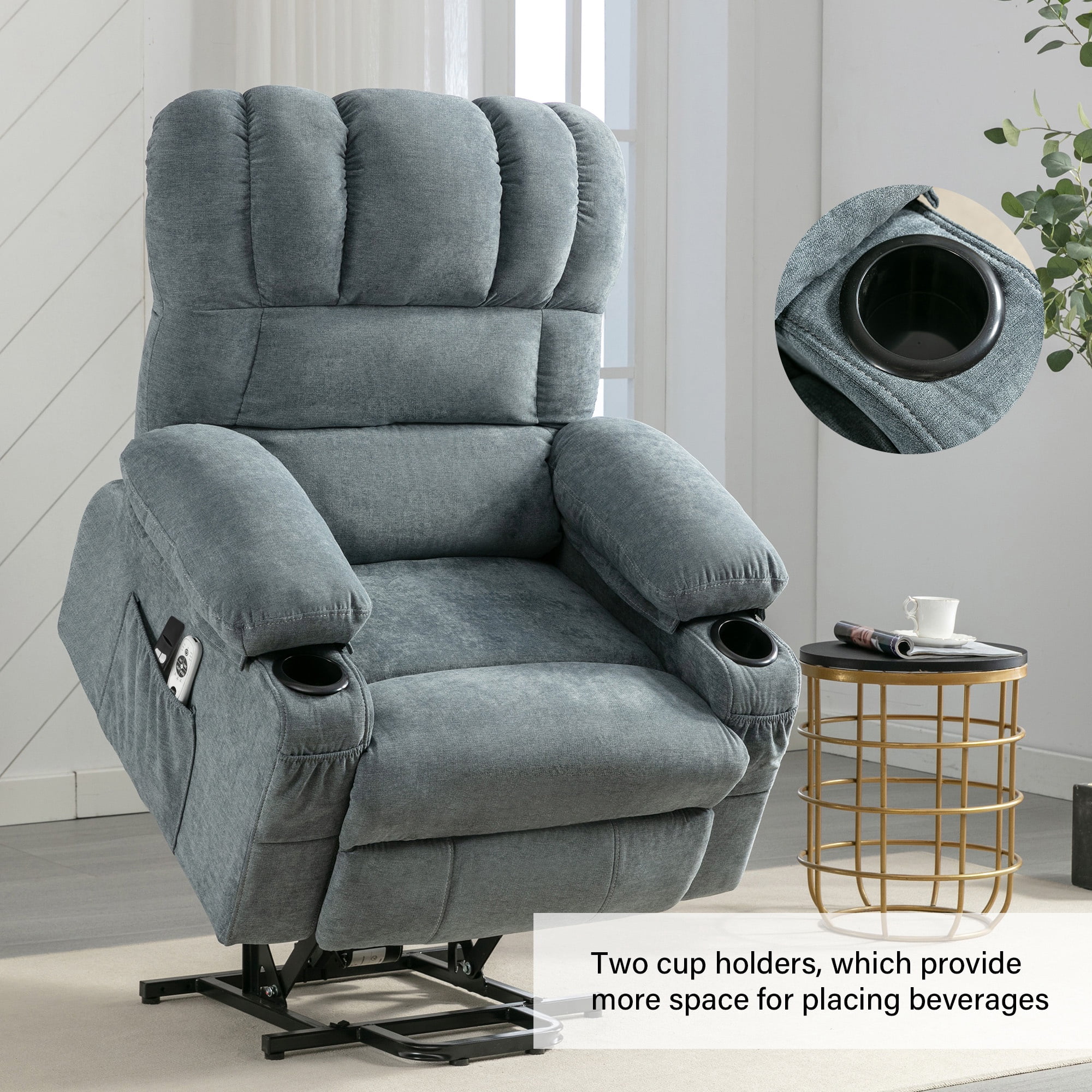 Power Lift Recliner Chairs with Massage and Heat, UHOMEPRO Electric Fabric Recliner Chair for Elderly, Living Room Furniture with USB Charge Port, 2 Cup Holders, and Side Pocket, Blue