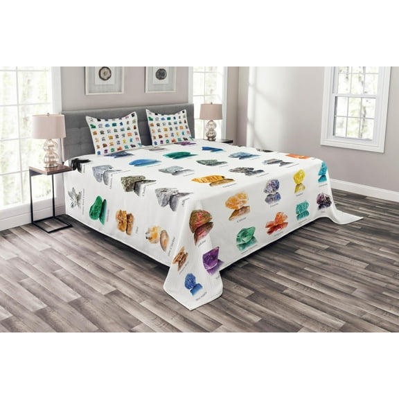 Ambesonne Gemstone Quilted Bedspread Set 3 Pcs, Mineral Geology Theme, King Size, Multicolor
