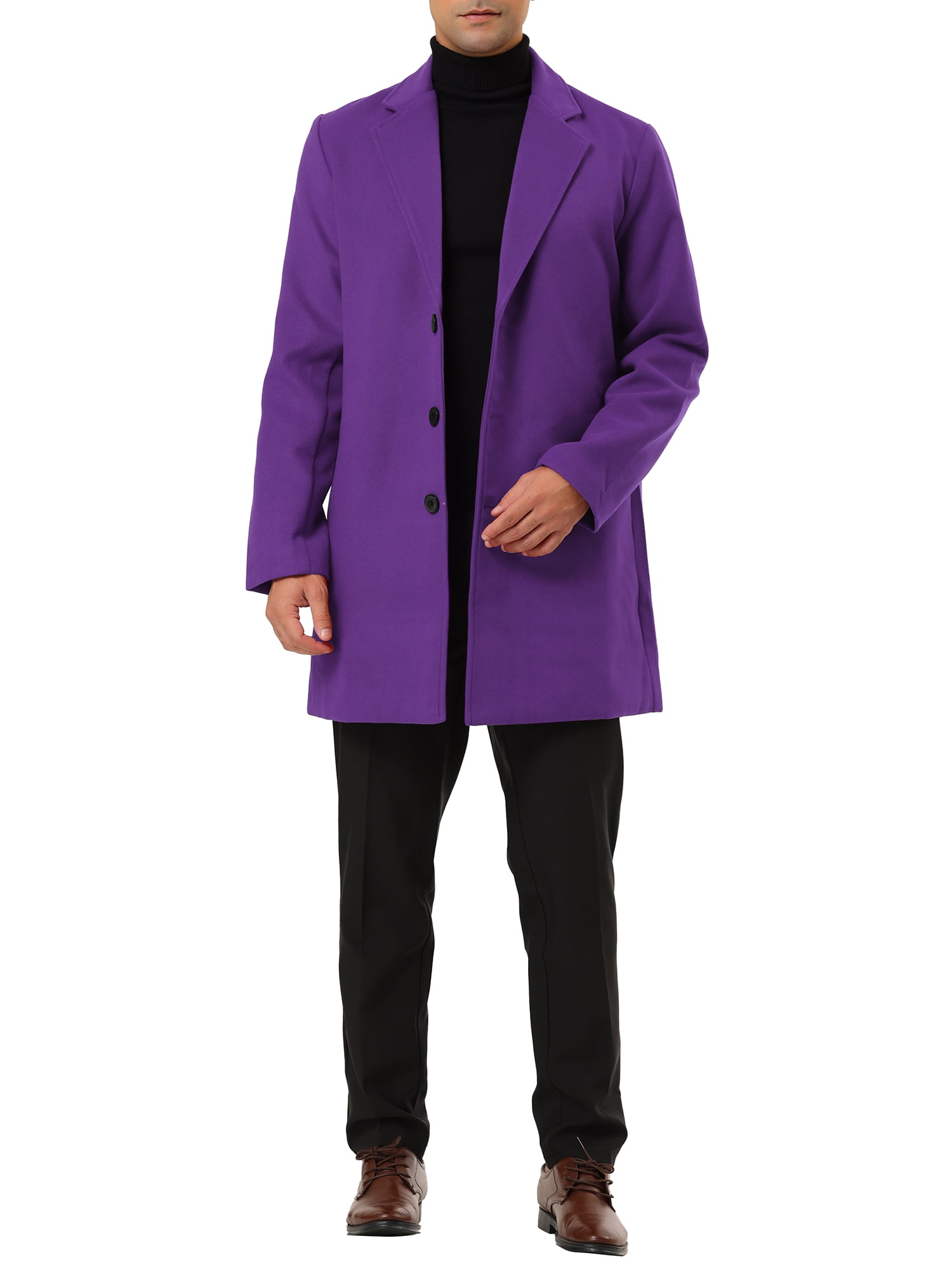 Unique Bargains Men's Slim Fit Notched Lapel Single Breasted Mid Length Overcoat XL Purple