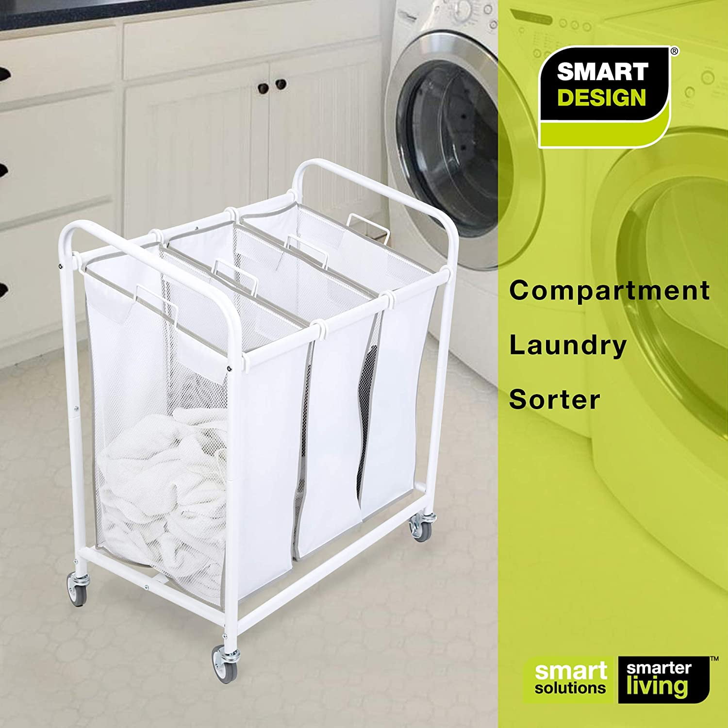 Smart Design Premium Rolling 3 Compartment Mesh Laundry Sorter Hamper w/ Wheels & Handles - Steel Metal Frame - VentilAir Fabric Design - Clothes & Laundry - Home Organization (Holds 9 Loads) [White]