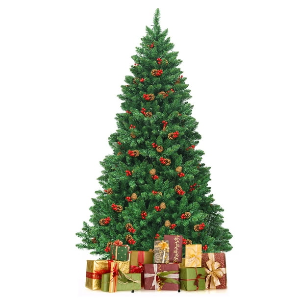 Giantex 6.5 FT Prelit Hinged Christmas Tree with 450 LED Lights & Pine Cones Red Berries