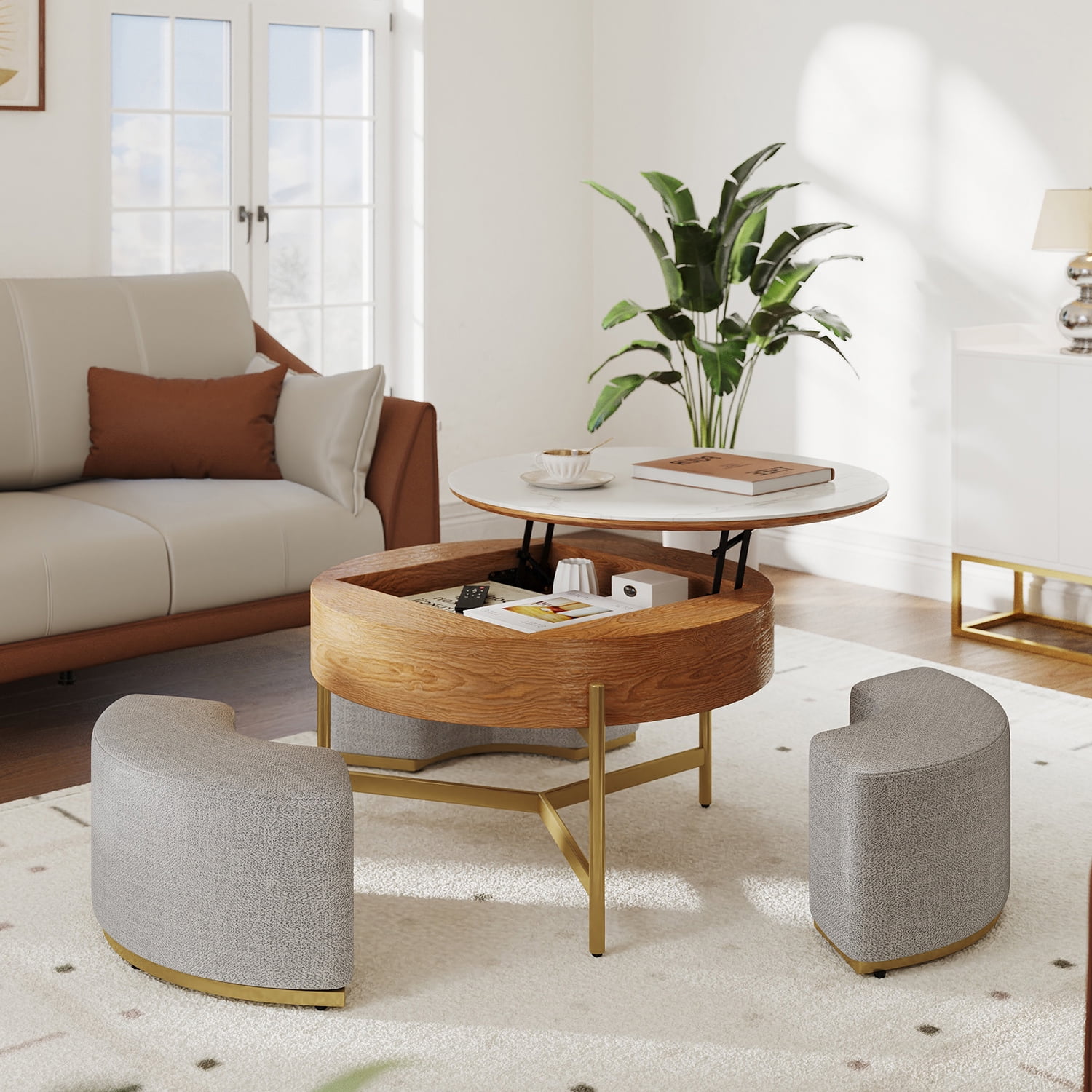 Uforic Round Lift-Top Coffee Table with Storage & 3 Stools, Faux Marble Center Table for Living Room