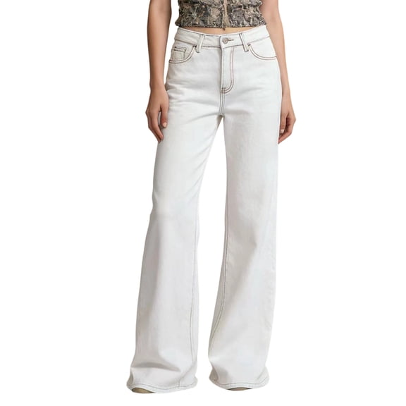 Women'S Low-Rise Baggy Jeans, High Stretchy Y2K Wide Leg Jeans Straight Leg Denim Pants White L