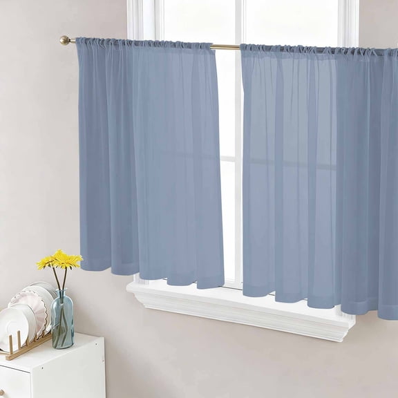 Blue Pure Color Sheer Curtains 45 Inch Length 2 Panels Set, Aesthetics Contemporary Luxury Voile Window Treatment Rod Pocket Small Kitchen Curtains Drapes for Bedroom 52"x45"x2