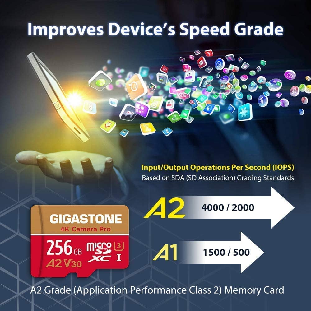 Gigastone 4K Class10 U3 A2 V30 Camera Pro MicroSDXC Card, 256GB GS-2IN1-4KA2V30-256GB-R