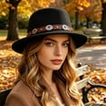 thumbnail image 2 of XIAOCHA Womens Metal‑Concho Fedora Hat Solid Wide‑Brim Hat Western Cowbaby Festival Hat,Black, 2 of 4