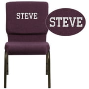 Flash Furniture Personalized Embroidered HERCULES Series 18.5''W Plum Fabric Stacking Church Chair with 4.25'' Thick Seat, Gold Vein Frame