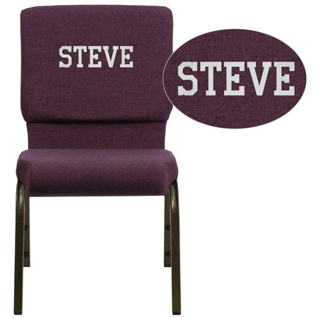 Flash Furniture Personalized Embroidered HERCULES Series 18.5''W Plum Fabric Stacking Church Chair with 4.25'' Thick Seat, Gold Vein Frame