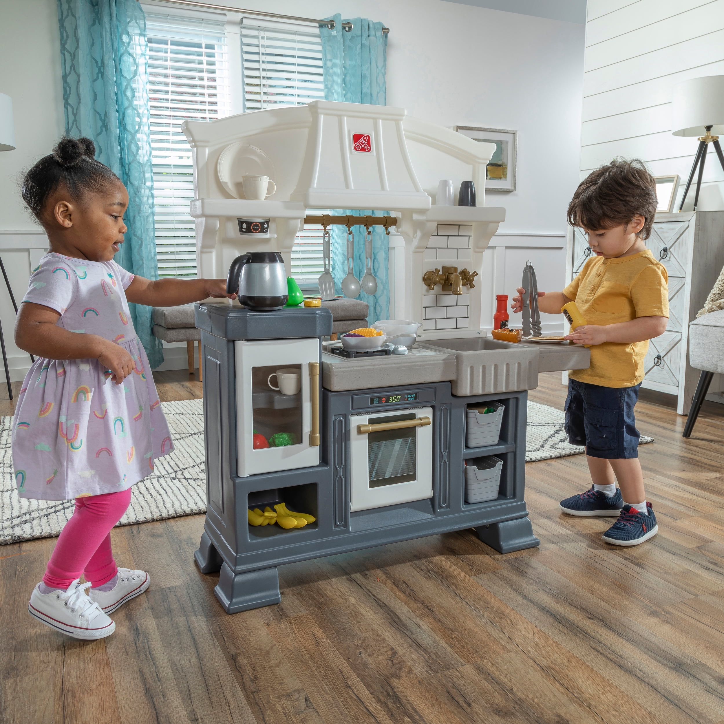 Step2 Gilded Gourmet Kitchen Playset For Kids Includes 20 Plus Toy Kitchen  Accessories Interactive Features For Realistic Pretend Play White Blue Gray