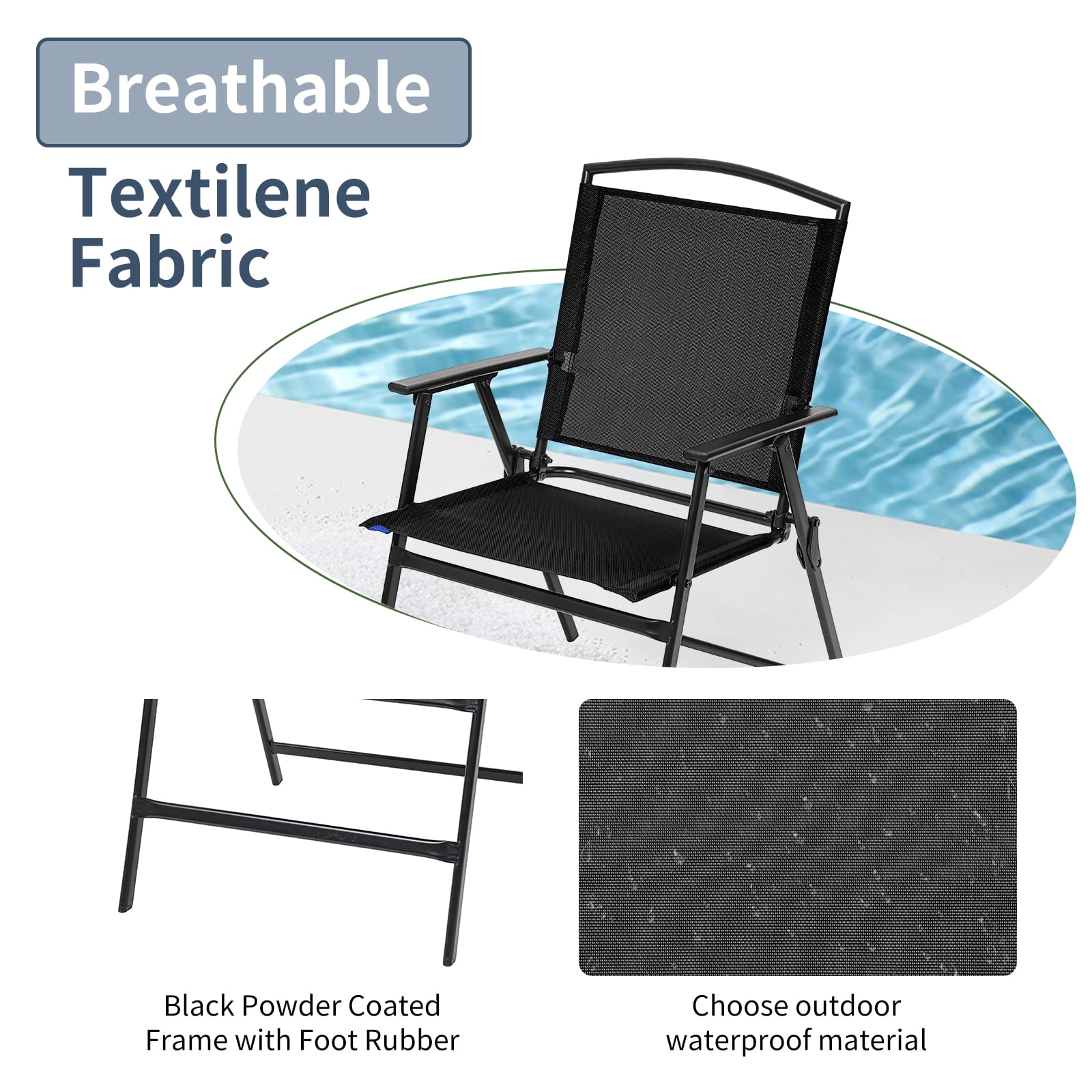 Bylring Outdoor Foldable Patio Dining Sling Chairs Set of 2 with Armrest Black Folding Portable Patio Chairs for Lawn Garden Balcony Living Room Furniture