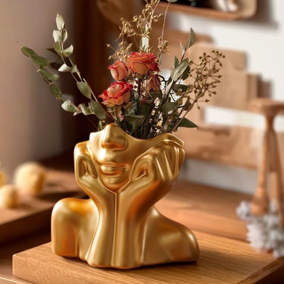 Gold Vase Decor for Centerpieces Face Bud Vases for Flowers Aesthetic Decor for Room Home Office Bookshelf Desk Shelf