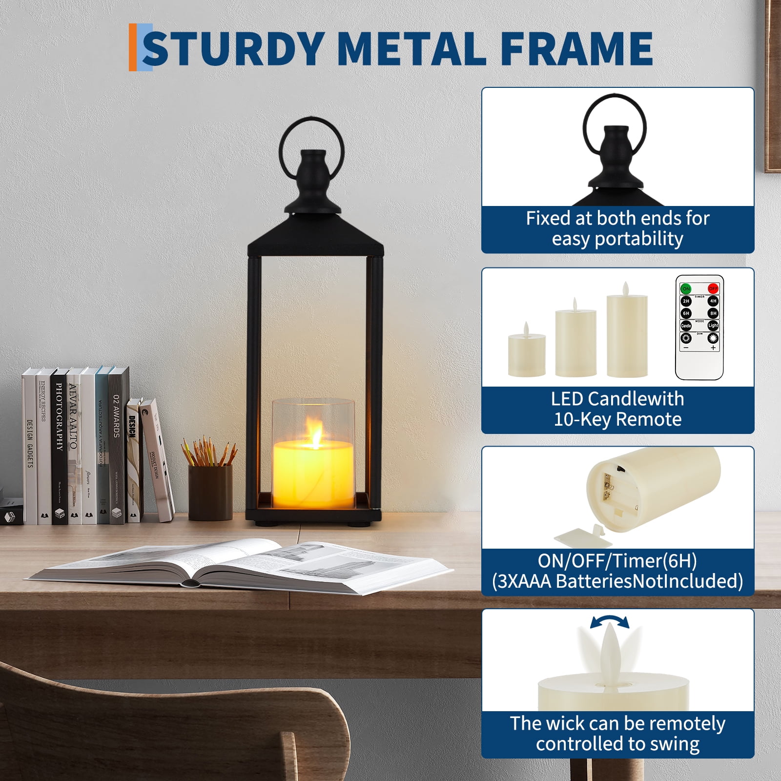 Gaderth 19" 22" Metal Candle Lanterns Set with Flameless LED Candles, Halloween Christmas Important Moments or Ordinary Life Lanterns Decorative for Outdoor Indoor, Patio Porch Garden Floor