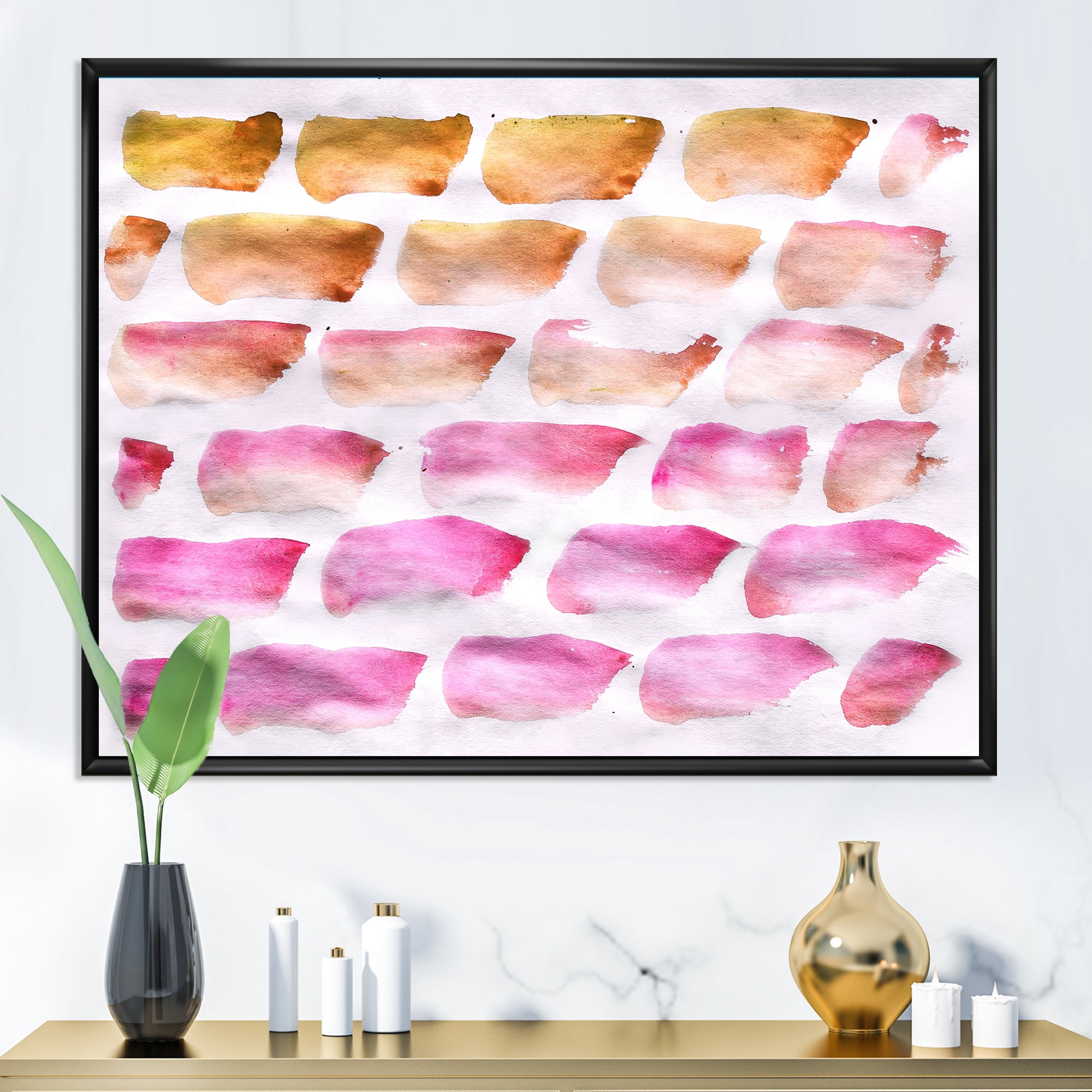 Designart 'Dark Yellow and Pink Abstracts Brushes' Modern Framed Canvas Wall Art Print