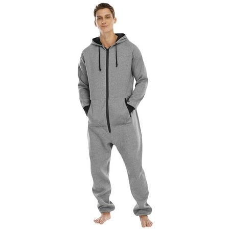 

iOPQO lingerie for women Men s Long Sleeve Soild Color Printed Jumpsuit Zipper Hood Pyjamas Nightwear With Pockets Men s Pajama Grey XL