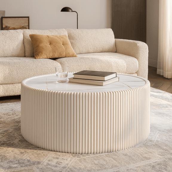 Light Slate Top Cylinder Shape Leather Coffee modern Sofa Table for Living Room furniture