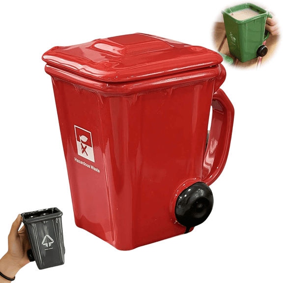 3D Mugs, Funny Recycling Bin Coffee Mug, Ceramic Trash Can Shaped Mug with Lid,Novelty Drinking Mugs for College Students Dining Room Teachers Office Restaurant Kitchen