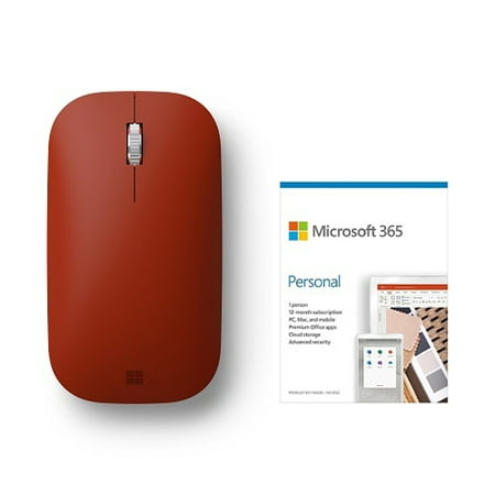 Microsoft Surface Mobile Mouse Poppy Red + Microsoft 365 Personal 1 Year Subscription For 1 User - PC/Mac Keycard for Microsoft 365 Personal - Wireless - Bluetooth - Seamless scrolling - Light & p