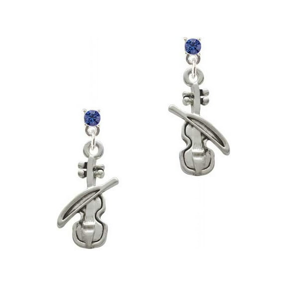 Silvertone Violin Blue Crystal Post Earrings