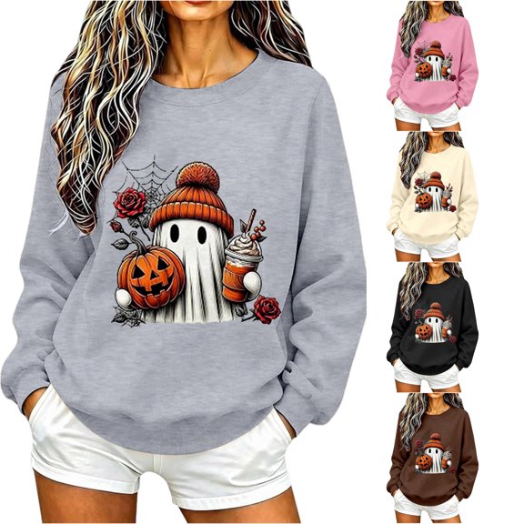 Women Cute Ghost Pumpkin Rose Graphic Crewneck Sweatshirt Halloween Pullover Top for Holiday