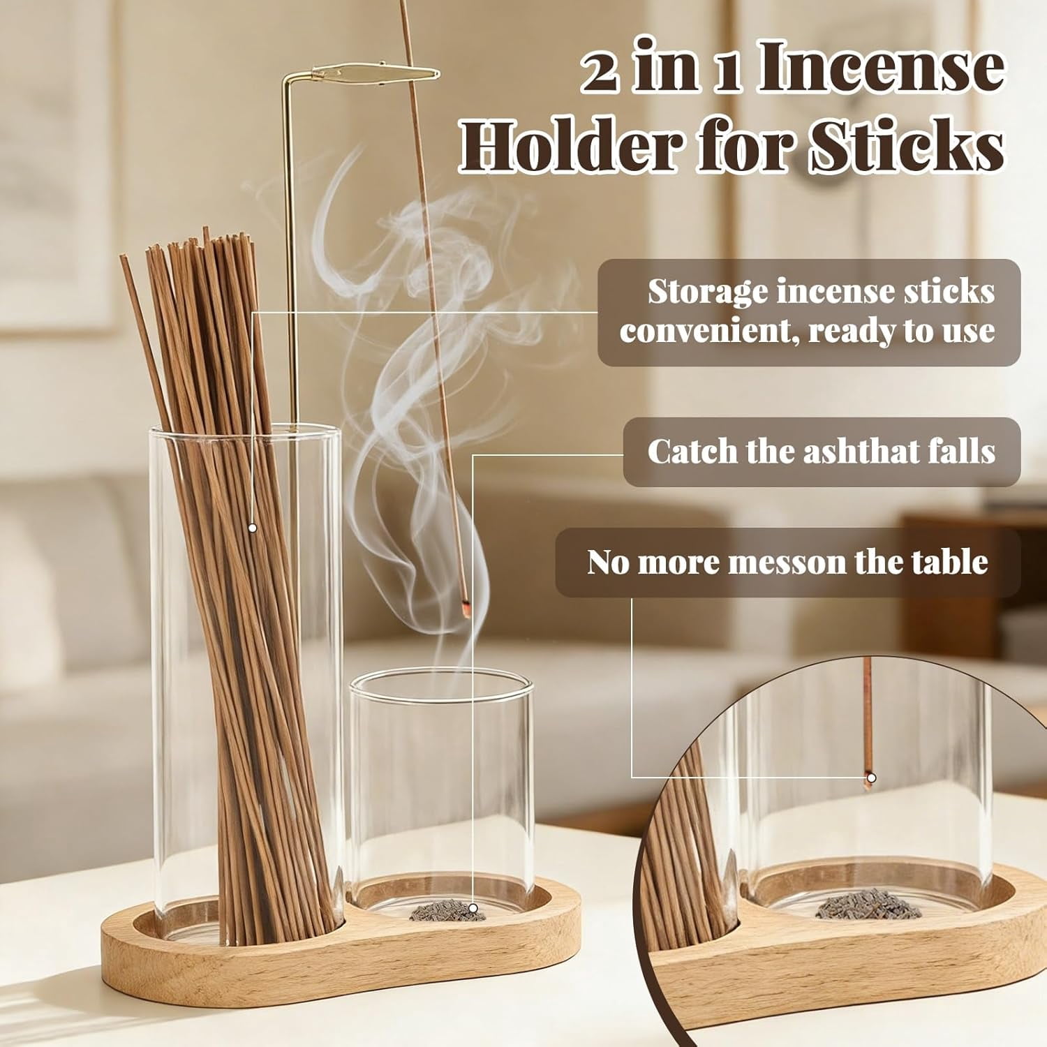 ABCISI 2-in-1 Glass Incense Holder with Ash Collector and Incense Stick Storage Upside Down Hanging Incense Holder,Anti-Splashing Design,Perfect for Meditation, Yoga, Spa, and Home Decoration,Natural