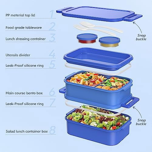 Adult Bento Lunch Box - 3 Layers Stackable Bento Lunch Box for Adults, 72oz Large All-in-One Bento Box Leak-Proof Lunch boxes with Utensil Sauce Containers, Ideal for Dining Out,Work, Blue