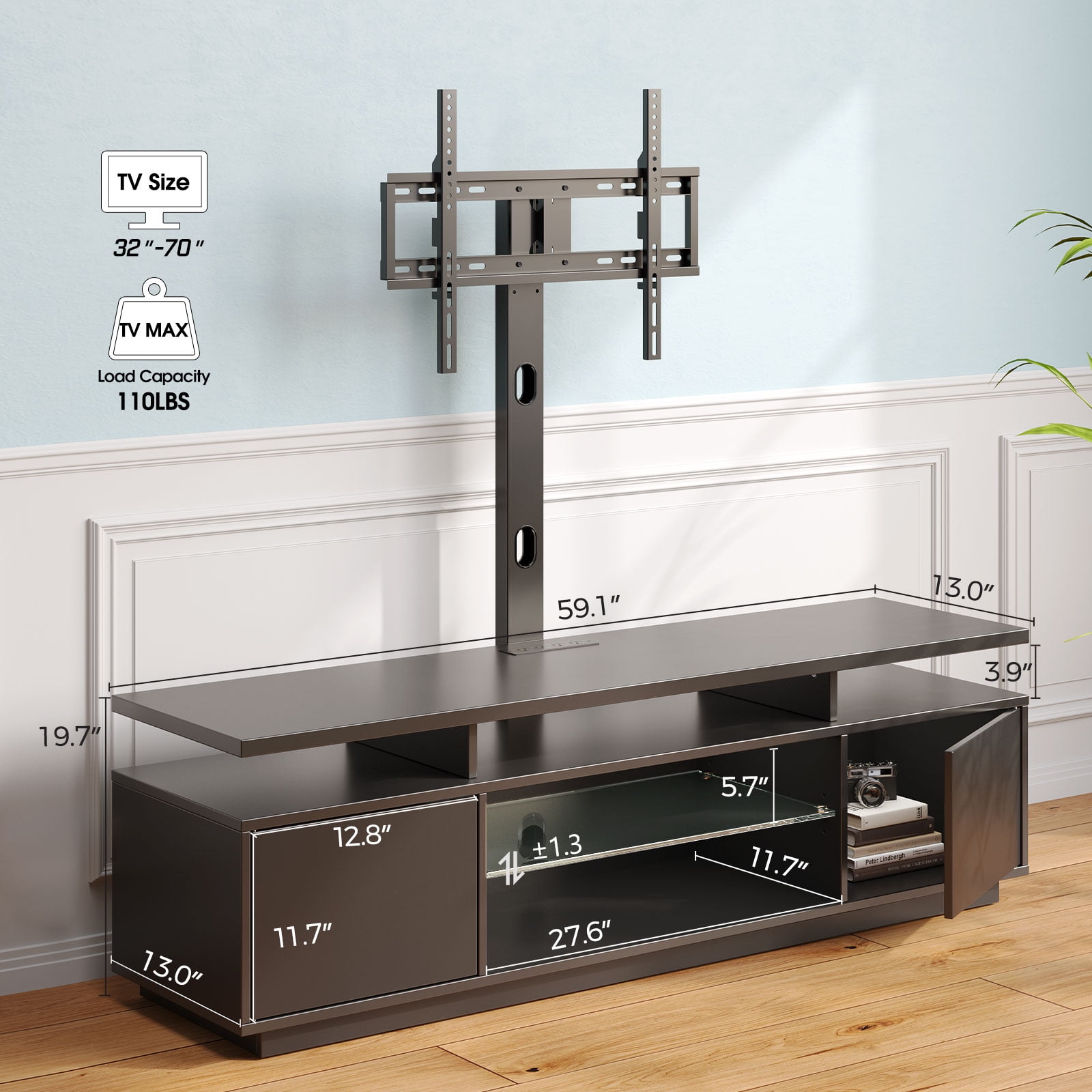 Greenstell TV Stand and Mount for 32" to 70", TV Table with Power Outlet, Gaming Modern Entertainment Center with Storage, LED Light, Height Adjustable, 59", Black