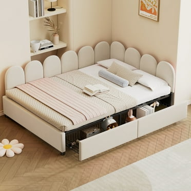 Euroco Upholstered Full Size Daybed with Drawers, Sofa Bed for Kids Teens Adults Bedroom, Beige