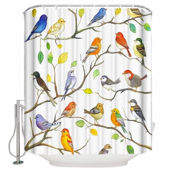 Small Stall Shower Curtain 36x78 Inch Narrow Half Size Colorful Birds Bath Curtains Bathroom Decor Branch Animal Spring Branch Leaf Summer Waterproof Fabric Shower Curtain Set with Hooks 36 Inch
