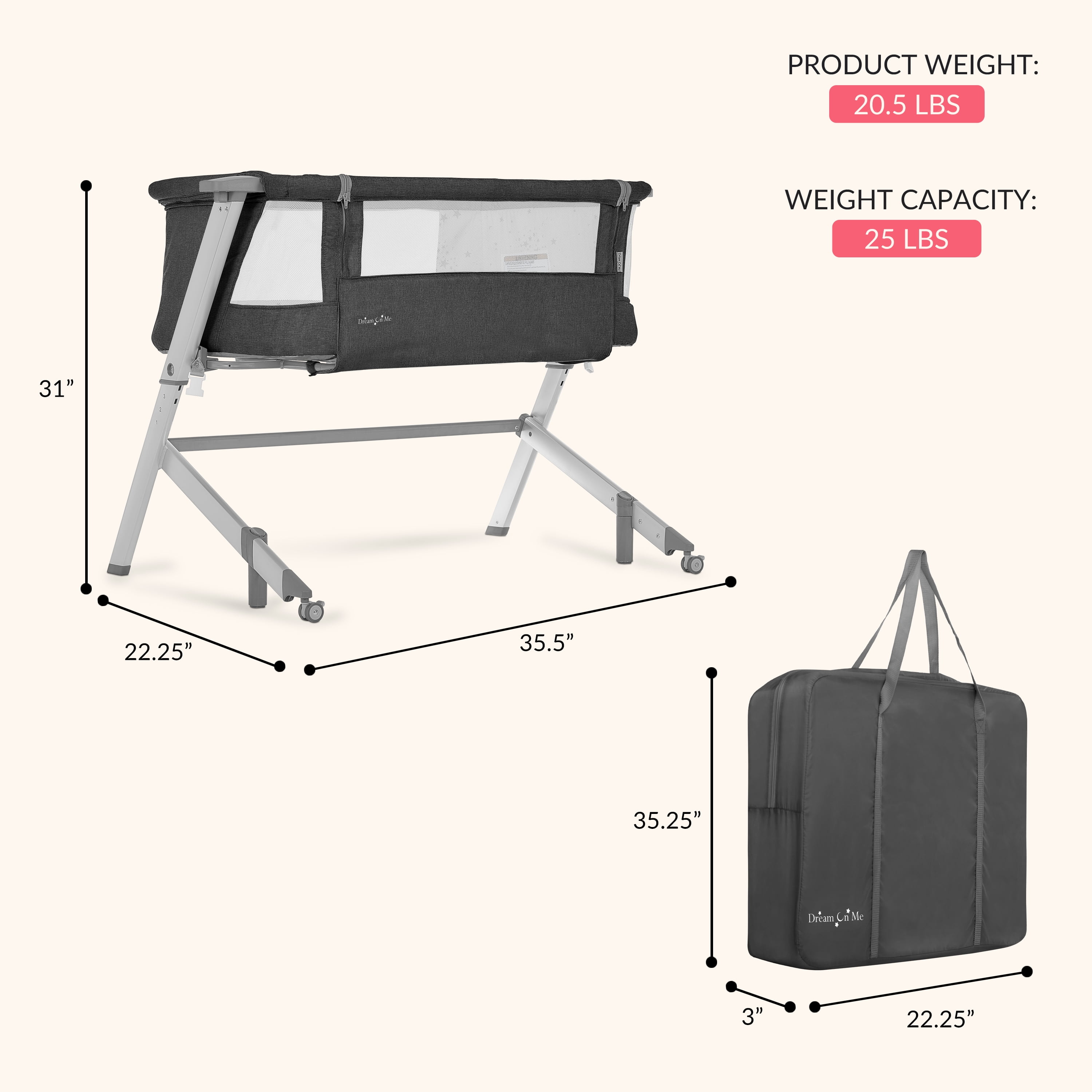 Dream On Me Skylar Bassinet and Bedside Sleeper in Black
