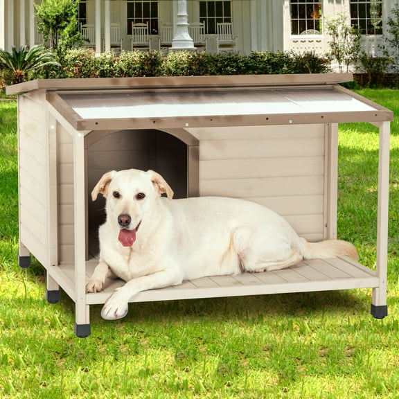 Pefilos 43" Wood Dog Houses Outdoor Insulated, Weatherproof Dog House with Door Cute Wooden Pet House, Beige