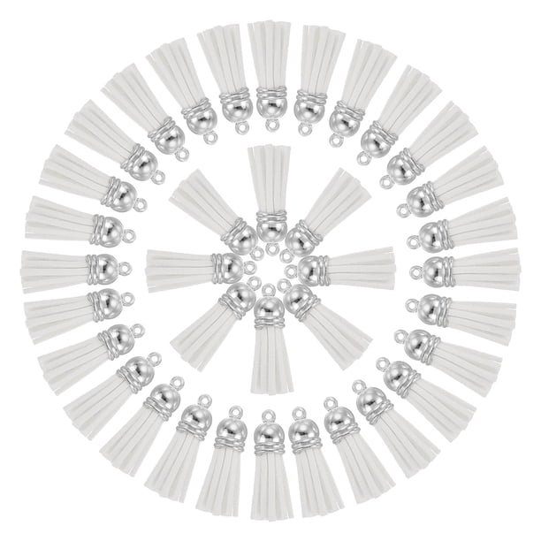 Uxcell 50 Pcs Llavero con Borlas a Granel para Manualidades, 1.5 Pulgadas Llavero de Borla Charm Ring, Blanco