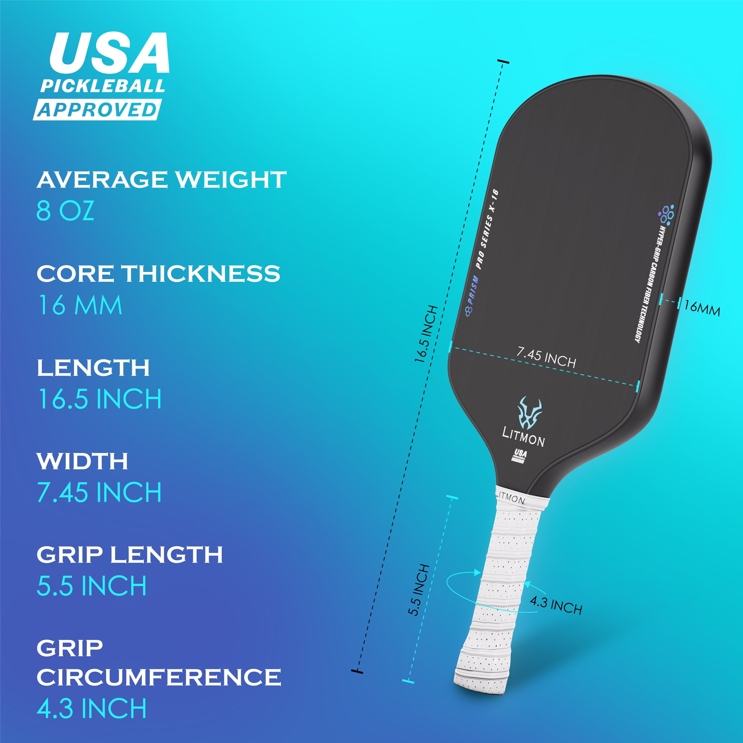 T700 Carbon Fiber Pickleball Paddle – USAPA Approved | 16mm Litmon Prism Pro