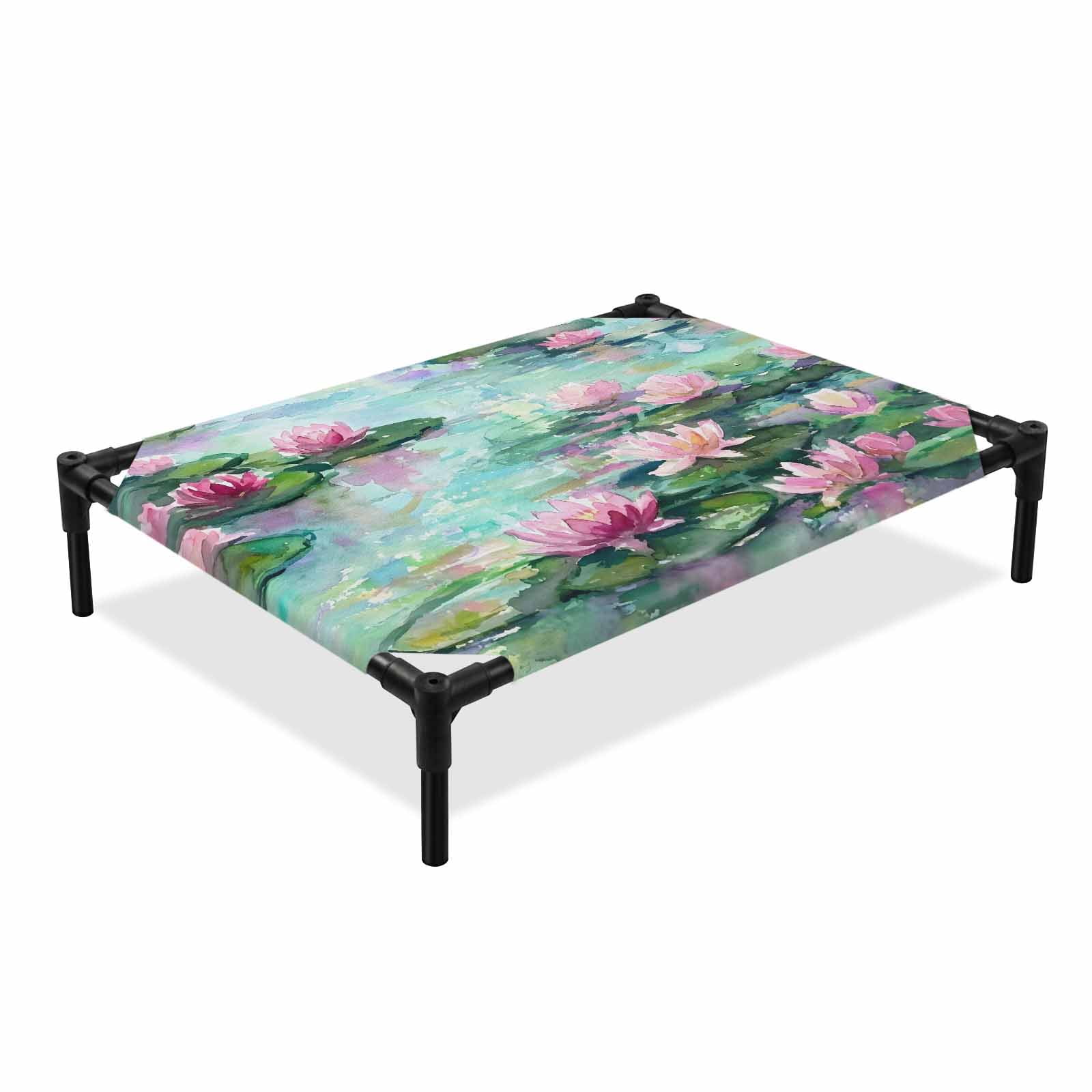 Water Lily Pond Elevated Dog Bed Rustic Floral Flower Lack Pink Green Oil Painting Cooling Breathable Outdoor Raised Dog Cot Bed with Metal Frame Non-Slip Feet for Medium Dog 24x20in