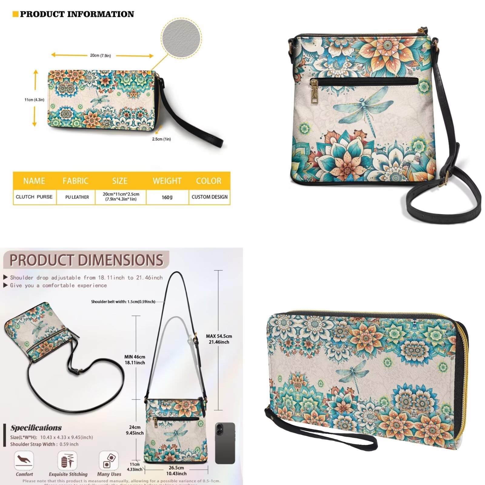 ZUXONGSY Boho Mandala Dragonfly Print Large Crossbody Bag and Wallet Set for Women, PU Leather Multi-Pocket Messenger Bag with Adjustable Strap